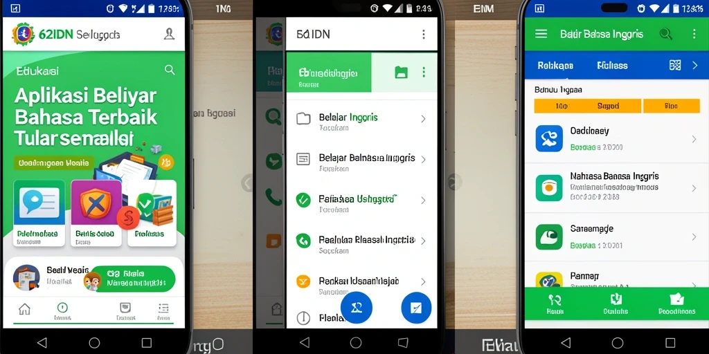 Antarmuka aplikasi 62IDN untuk belajar bahasa Inggris yang menarik.