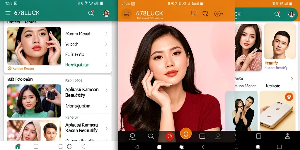 Tampilan antarmuka utama 678LUCK dengan fitur kamera beautify yang menarik.
