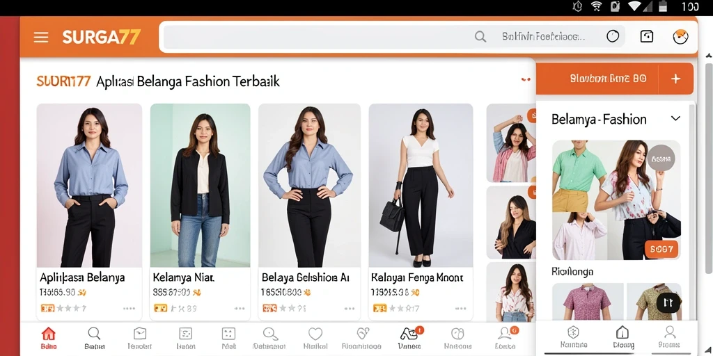 Antarmuka aplikasi SURGA77 dengan fitur belanja Fashion yang menarik.
