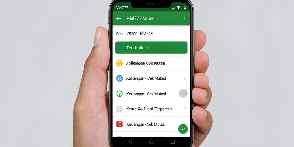 Antarmuka aplikasi VM777 menampilkan riwayat transaksi Cek Mutasi yang jelas.